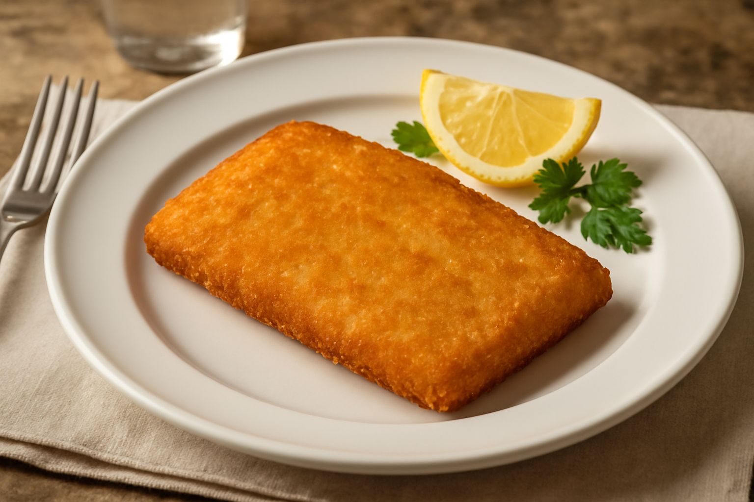 Fillet di persico dorato e croccante su piatto bianco, con limone a spicchi, prezzemolo fresco e burro fuso al bordo, accompagnato da contorno di spinaci.