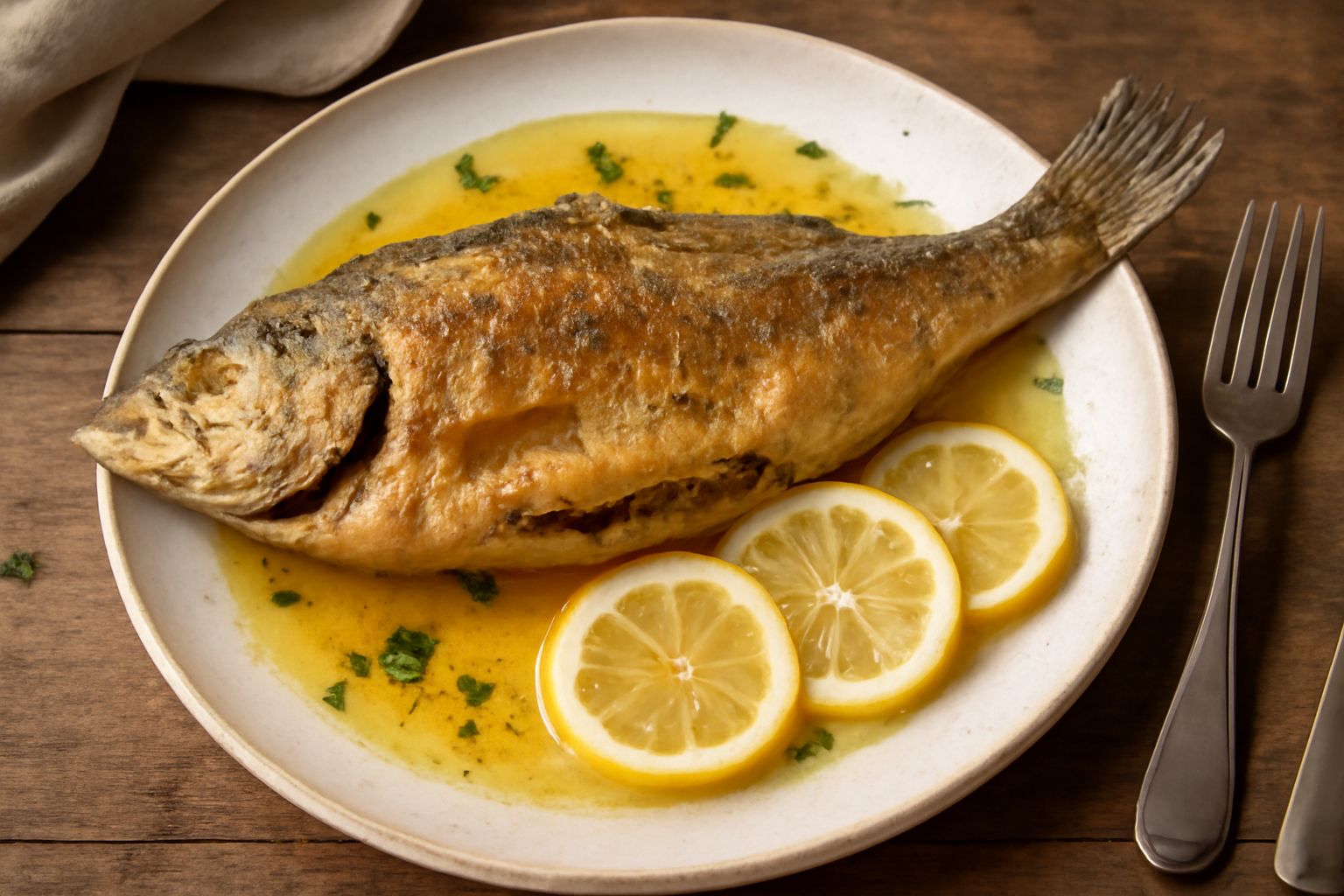 Persico intero dorato servito in piatto bianco, guarnito con rondelle di limone fresco, prezzemolo e burro fuso, contorno di verdure lessate