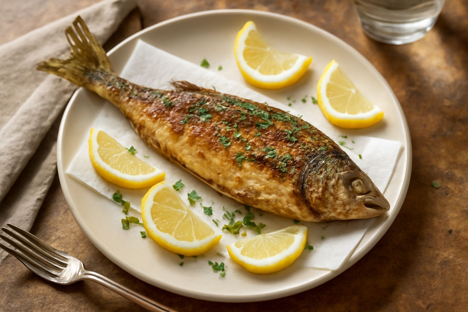 Persico intero fritto dorato su piatto bianco, guarnito con fette di limone fresco e prezzemolo tritato, con olio lucido sulla superficie