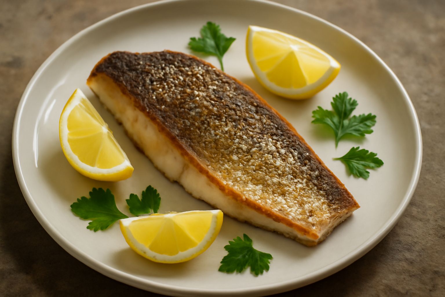 Persico dorato e cotto sulla piastra grigia, contornato da spicchi di limone fresco e foglie di prezzemolo, con gocce di olio d'oliva visibili sulla superficie