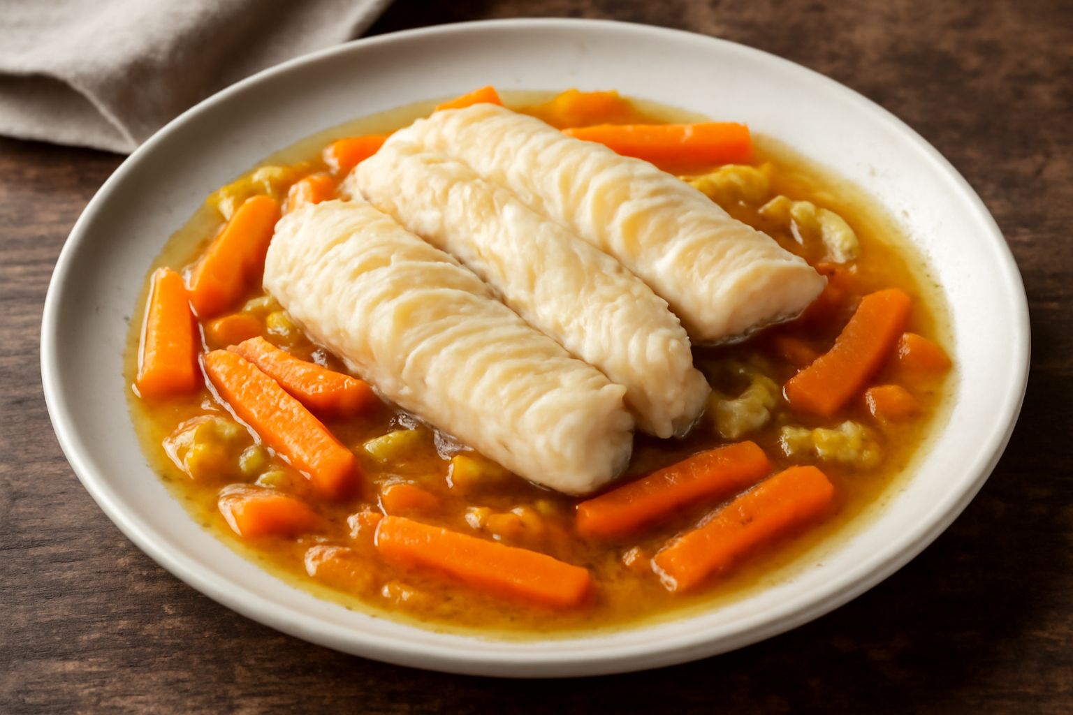 Filetto di persico dorato impiattato su letto di carote, sedano e cipolla caramellati, con brodo leggero nel piatto bianco, guarnito da prezzemolo fresco
