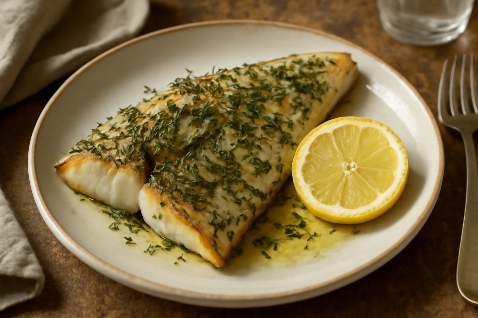 Filetto di persico dorato al forno con erbe fresche verdi (basilico e prezzemolo) sparse sopra, contorno di limone giallo, su piatto bianco, guarnito con foglie di basilico fresco
