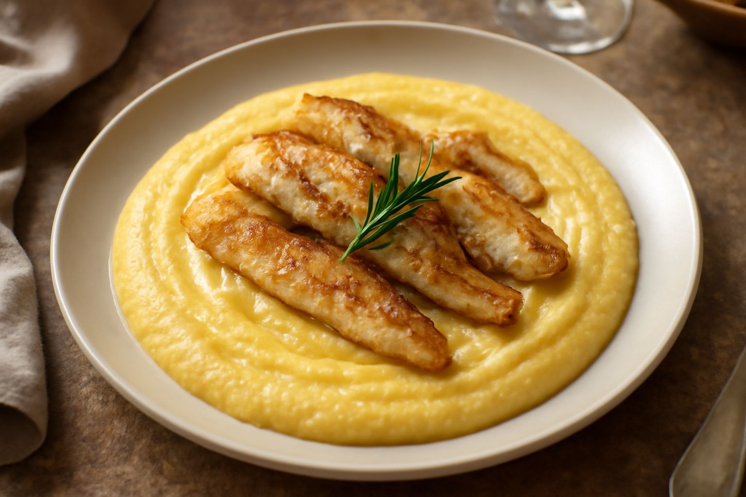 Filetti di persico dorato in padella sopra una base di polenta giallo cremosa, con rosmarino fresco e un filo di olio d'oliva, servito in un piatto bianco