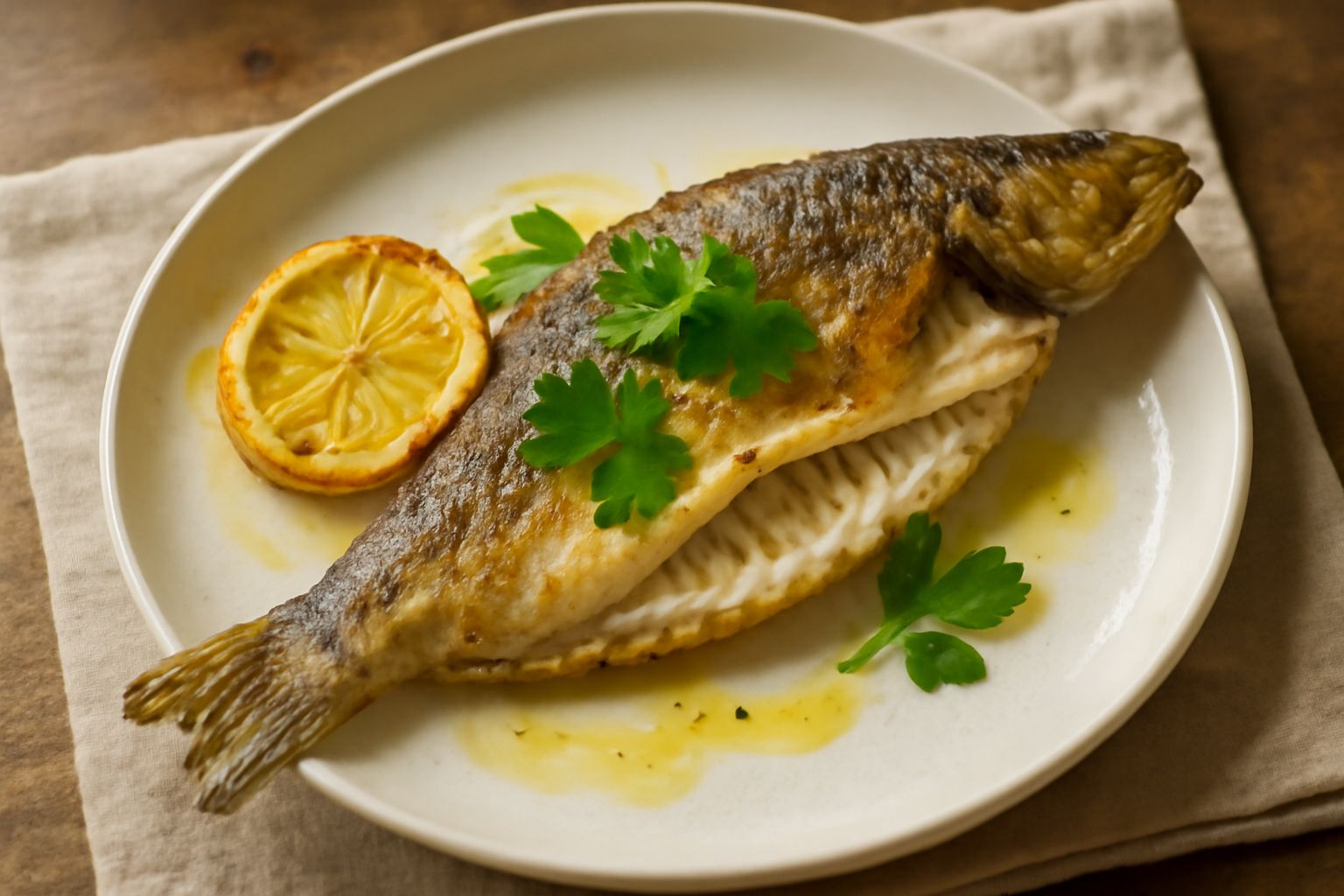 Persico intero al forno su piatto bianco, pelle dorata, limone a fette accanto, prezzemolo fresco sopra, contorno di verdure grigliate