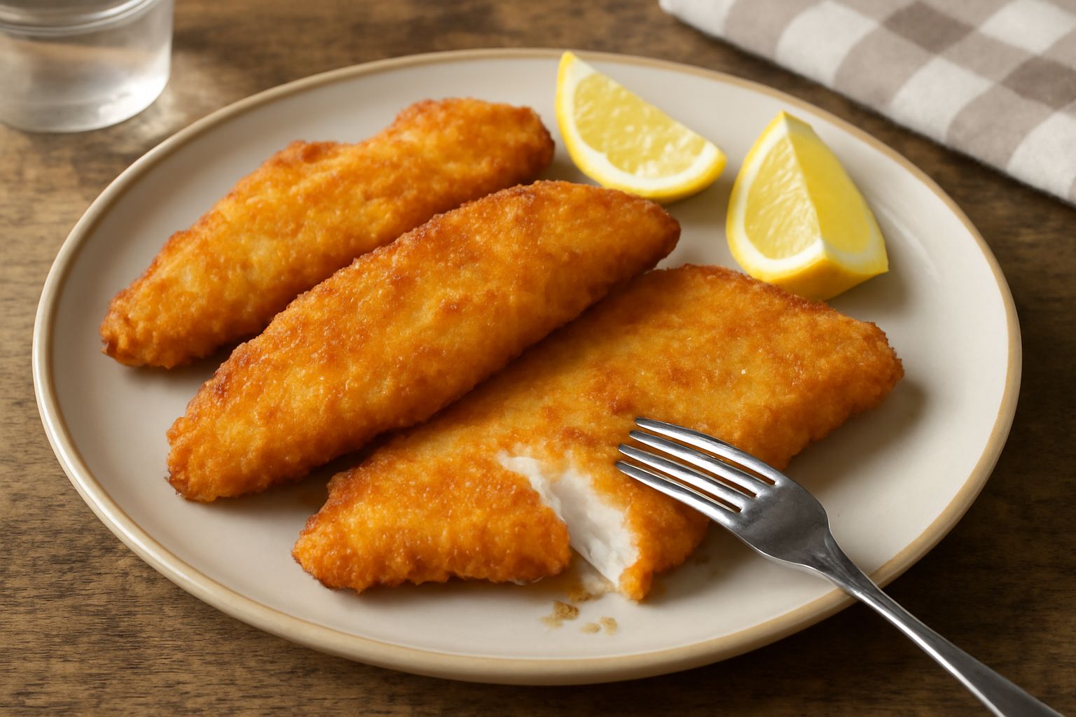 Persici fritti dorati e croccanti disposti su un piatto bianco con spicchi di limone fresco, pane tostato e insalata verde di contorno. Filetti interi con panatura uniforme, trasparenza dell'olio visi