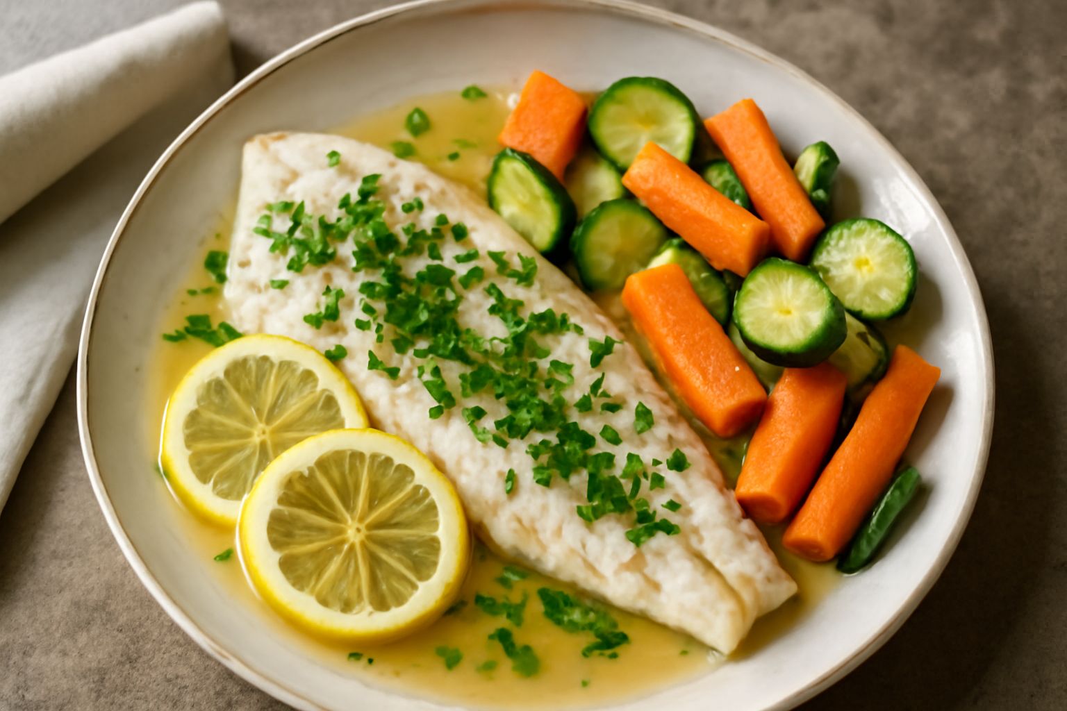 Filetto di persico cotto al forno in piatto bianco, spolverato di prezzemolo fresco, con fette di limone, accompagnato da vino bianco in bicchiere e contorno di verdure al vapore