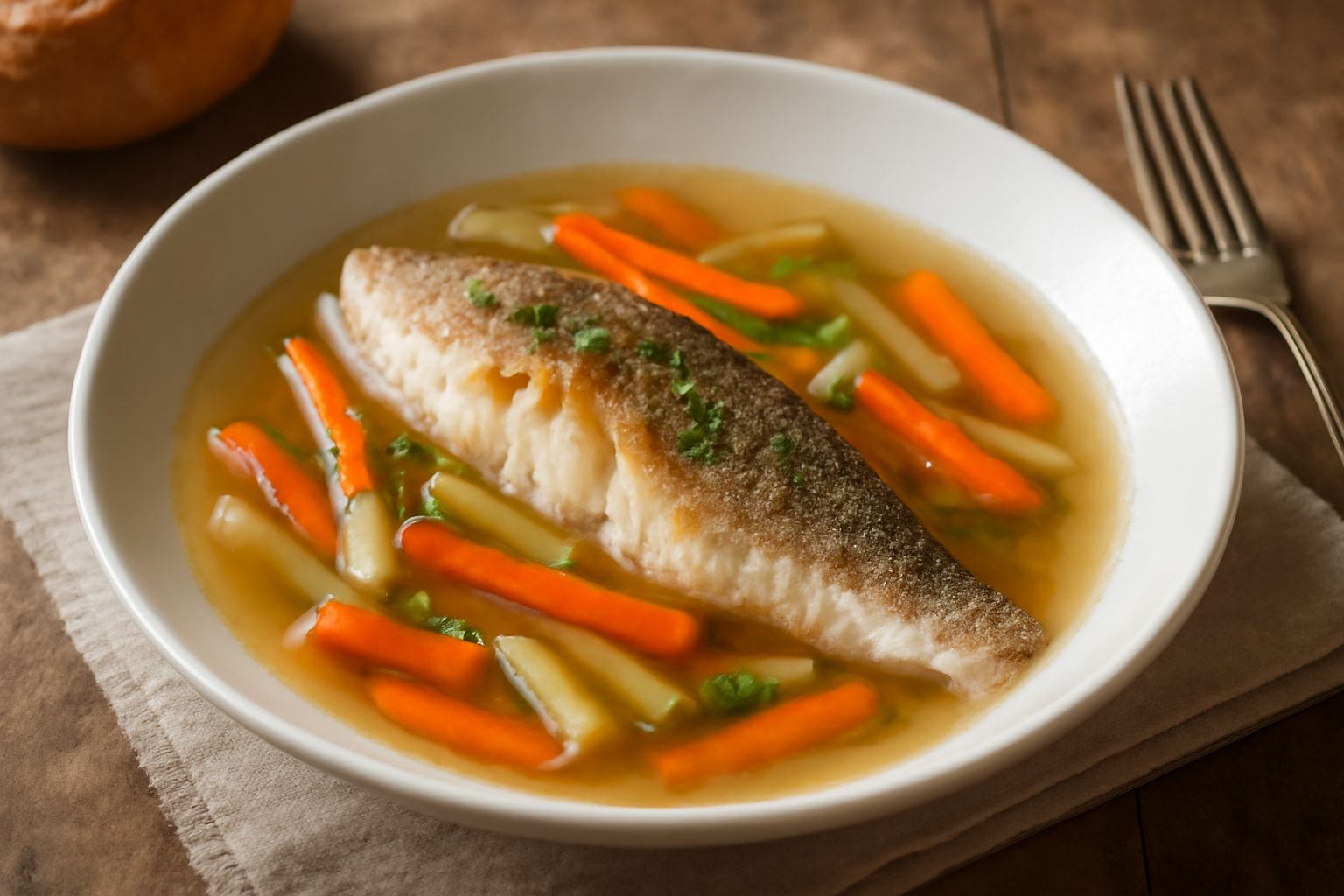 Un piatto fondo di ceramica bianca con persico intero cotto in brodo trasparente e fumante, guarnito con fettine di carota e sedano, prezzemolo fresco verde in superficie