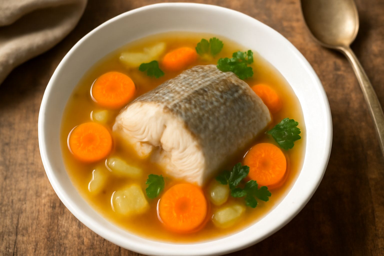 Piatto di ceramica bianca con persico intero cotto in brodo trasparente circondato da carota a rondelle, sedano, cipolla e prezzemolo verde, brodo che copre il pesce a metà