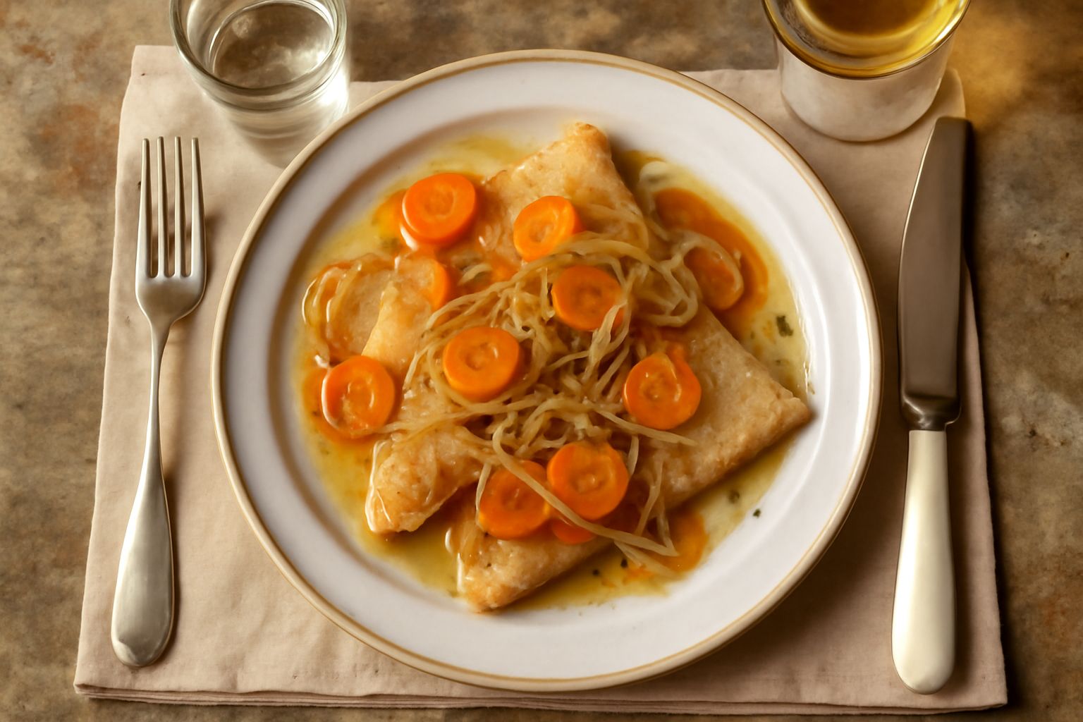 Filetti di persico color bianco avorio ricoperti da una marinata trasparente con fette sottili di cipolla e carota arancione, serviti in un piatto bianco con il liquido di marinata visibile