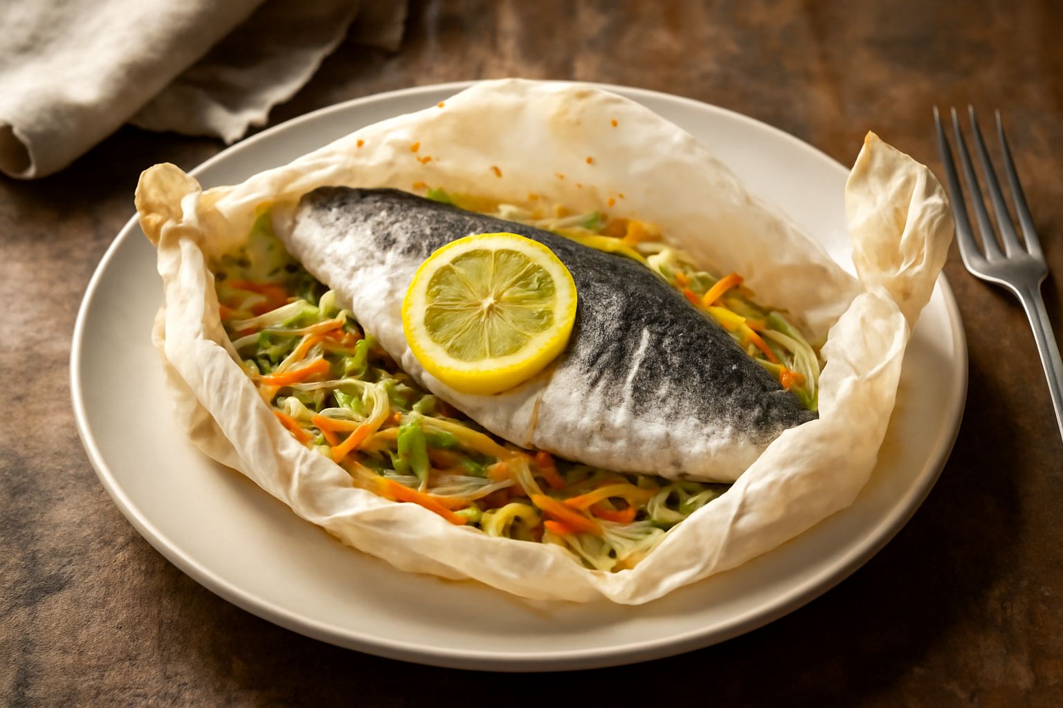 Cartoccio di carta da forno aperto contenente un persico intero con contorno di verdure affettate sottili, limone a fette e erbe aromatiche fresche, vapore ancora visibile, su piatto bianco con contor
