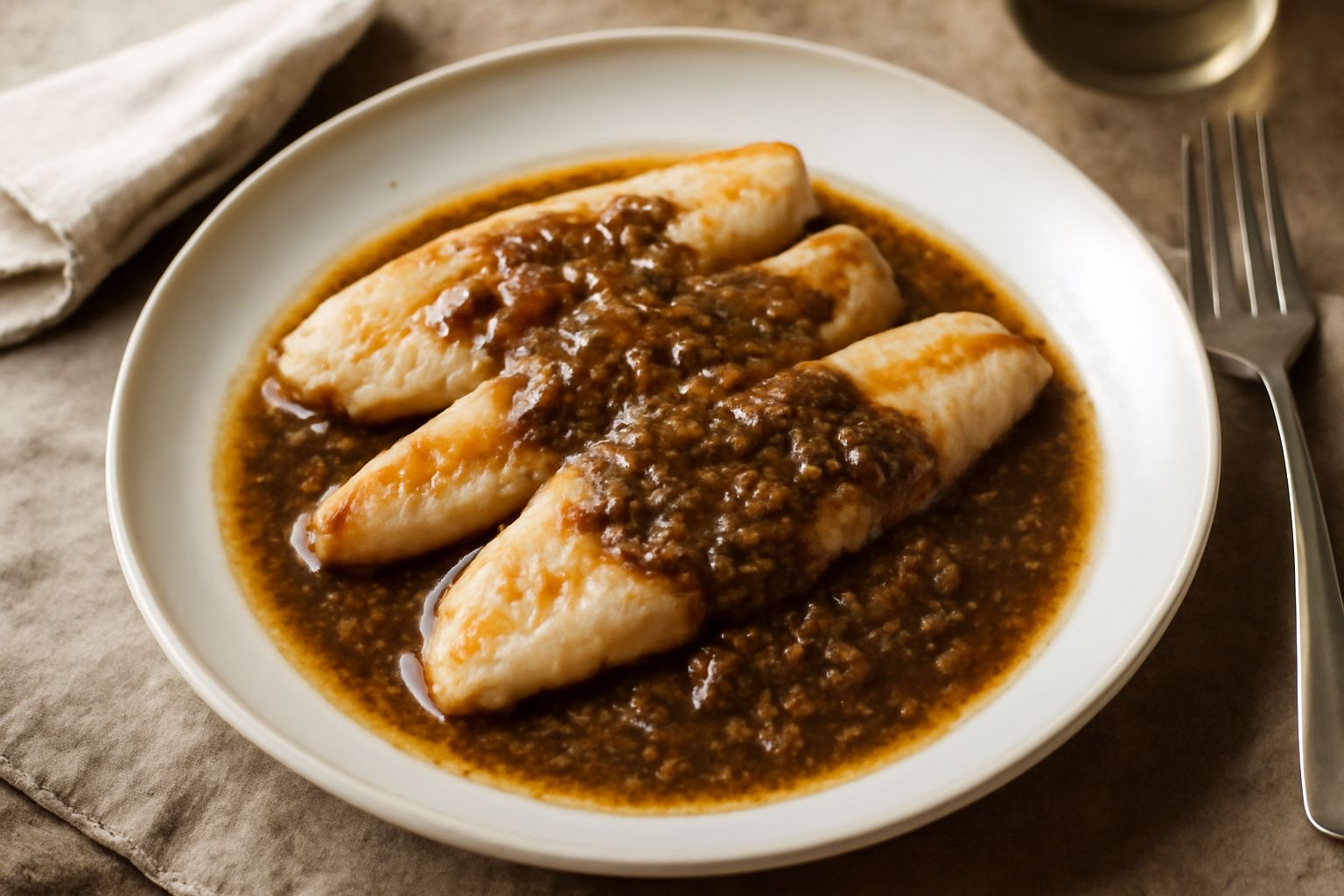Filetti di persico dorati in un piatto bianco, ricoperti di salsa marrone con acciughe disciolte, guarniti con prezzemolo fresco e fettine di limone