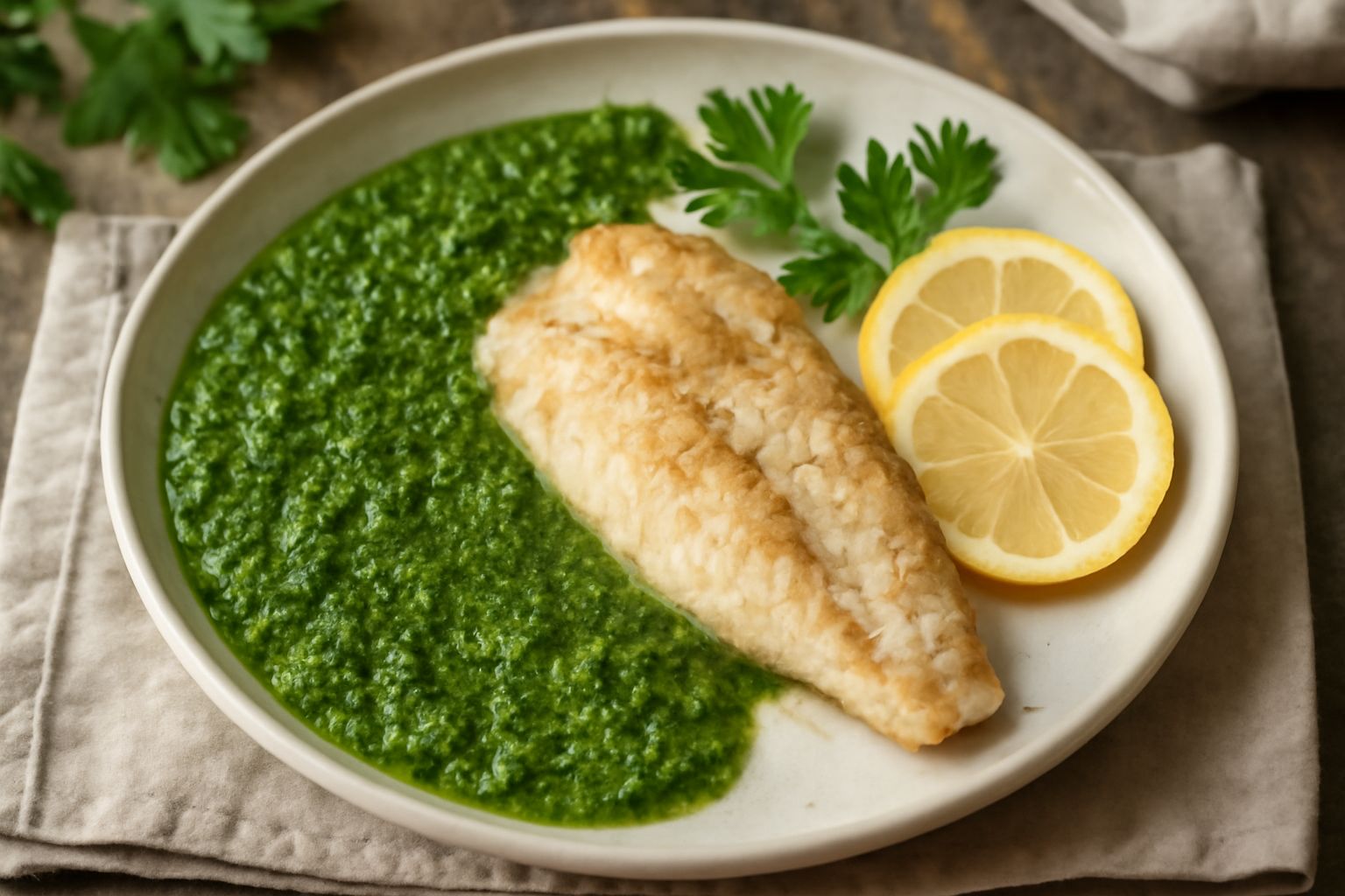 Filetto di persico bianco e rosa su piatto bianco, coperto da salsa verde densa e brillante, guarnito con rametti di prezzemolo fresco e limone affettato
