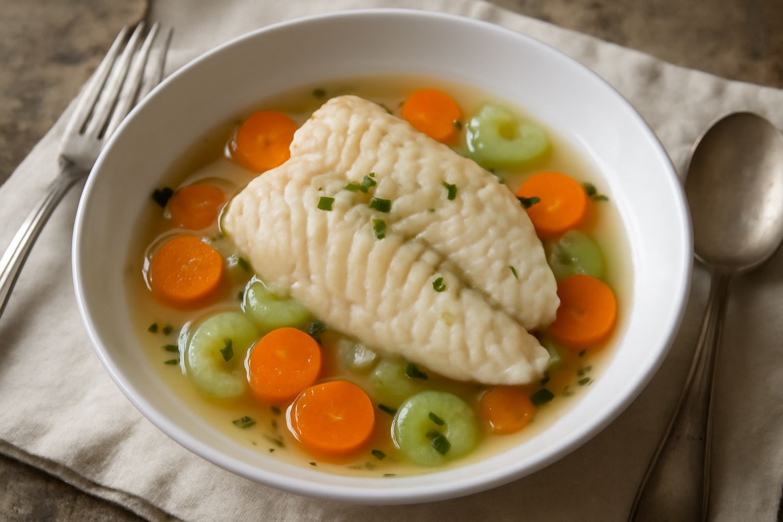 Persico intero o a filetti in umido in una ciotola bianca con salsa chiara, carote tagliate a rondelle, sedano e prezzemolo fresco, caldo al centro del piatto