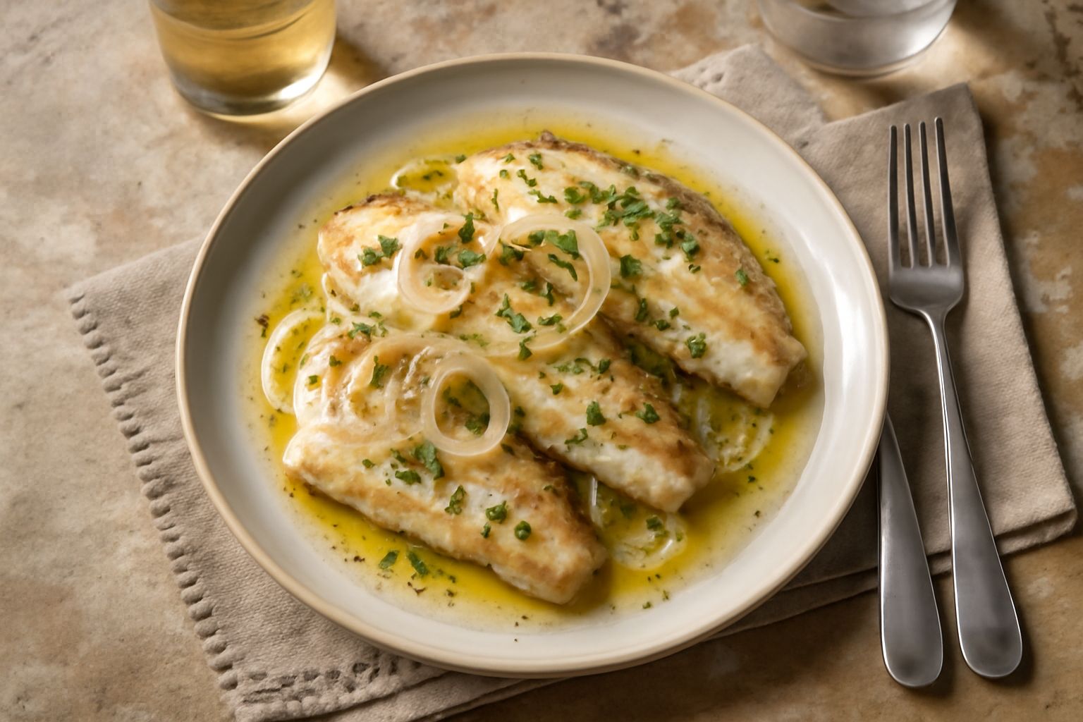 Filetti di pesce persico marezzati in bianco e rosa dorato, disposti in un piatto con marinata di aceto, cipolla sottile affettata, foglie di prezzemolo fresco e qualche chicco di pepe nero, accanto u