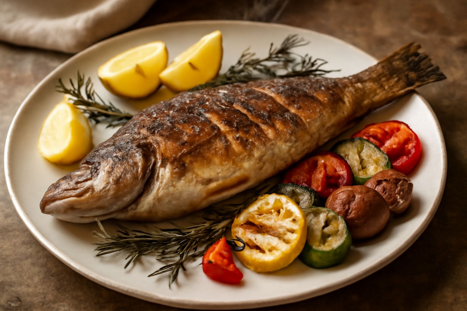 Persico reale intero alla griglia su piatto bianco, con pelle dorata e croccante, contornato da fette di limone fresco e spighe di rosmarino, accompagnato da un contorno di verdure grigliate leggermen