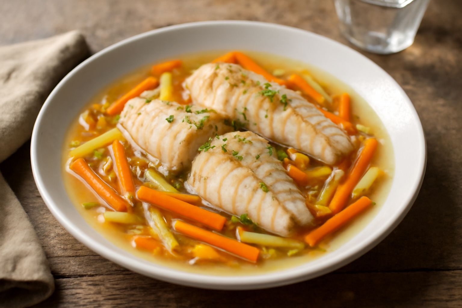 Filetti di persico reale in umido in una ciotola bianca, circondati da verdure soffritte, brodo trasparente, carote a bastoncini e sedano, decorati con prezzemolo fresco