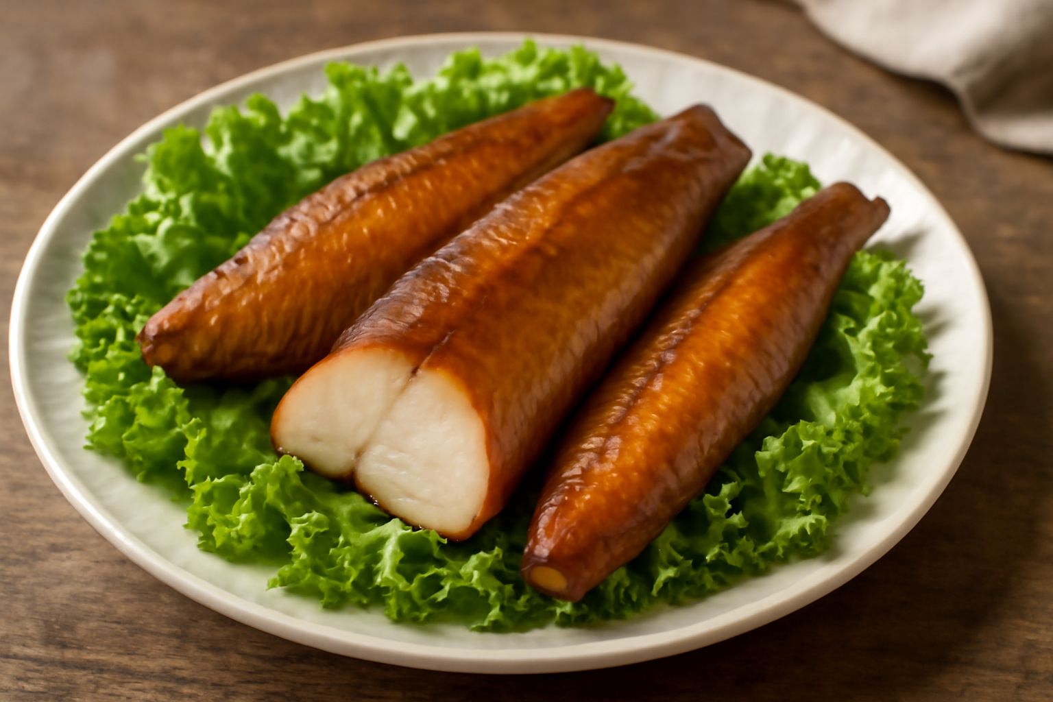 Filetti di trota affumicata dorati e leggermente bruniti disposti su una tavola di legno, con scaglie di sale marino grosso, erbe fresche e un coltello da pesce accanto