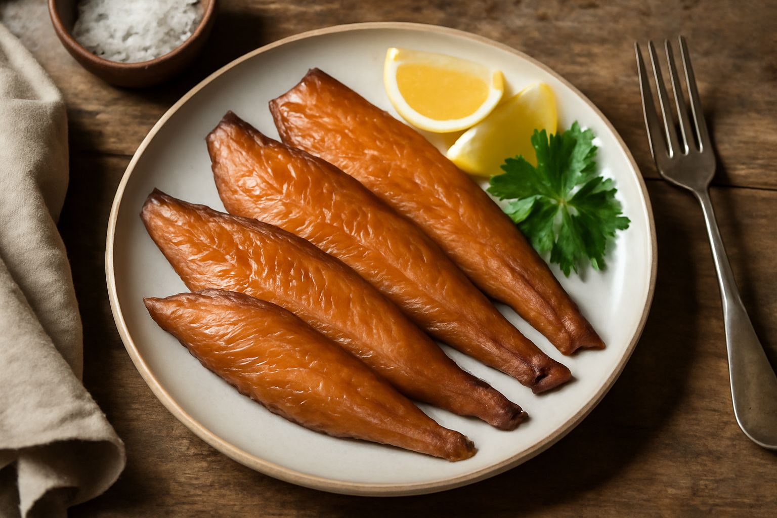 Filetto di pesce affumicato dorato su carta da forno, con legno di faggio fumante sullo sfondo e un termometro da cucina