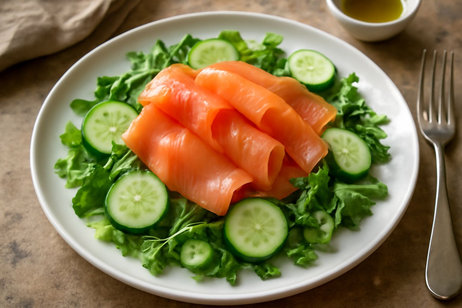 Piatto bianco con insalata mista di rucola e lattuga, fette di salmone affumicato di color arancio rosato, cetrioli a fette sottili e pomodorini rossi, condita con olio trasparente, su tavolo di legno