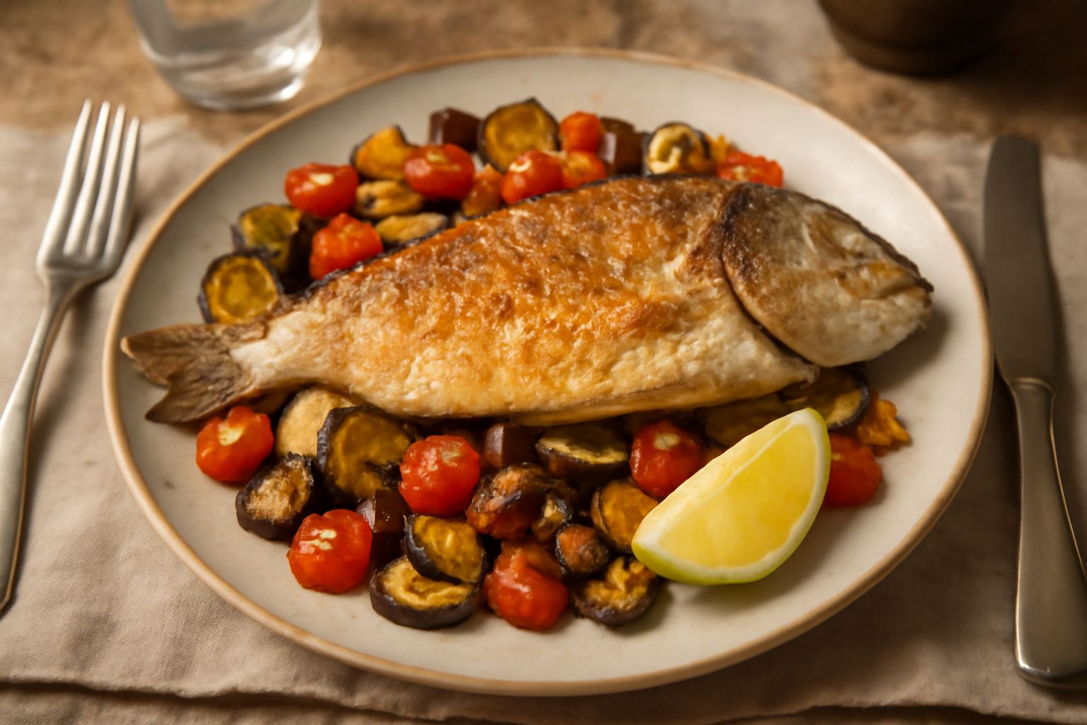 Filetto di branzino dorato al forno su un letto di zucchine e melanzane rosse, contornato da limone fresco e rosmarino, impiattato su ceramica bianca