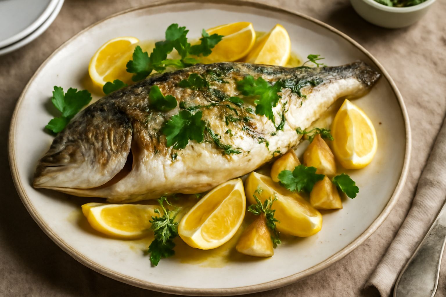 Filetti di branzino dorato al forno, decorati con rametti di prezzemolo fresco e timo verde, circondati da spicchi di limone e gocce di olio, su carta da forno bianca