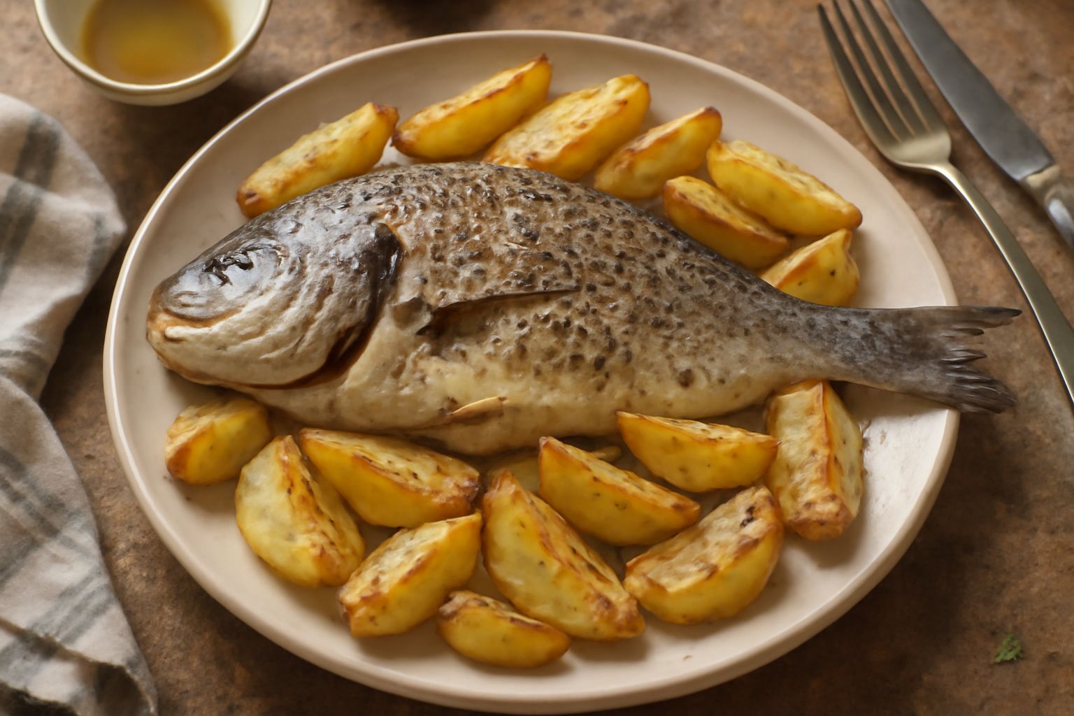 Branzino intero dorato al forno adagiato su un letto di patate tagliate a spicchi, rosate e croccanti ai bordi, con fette di limone fresco e rametti di rosmarino sparsi nel piatto di ceramica bianca