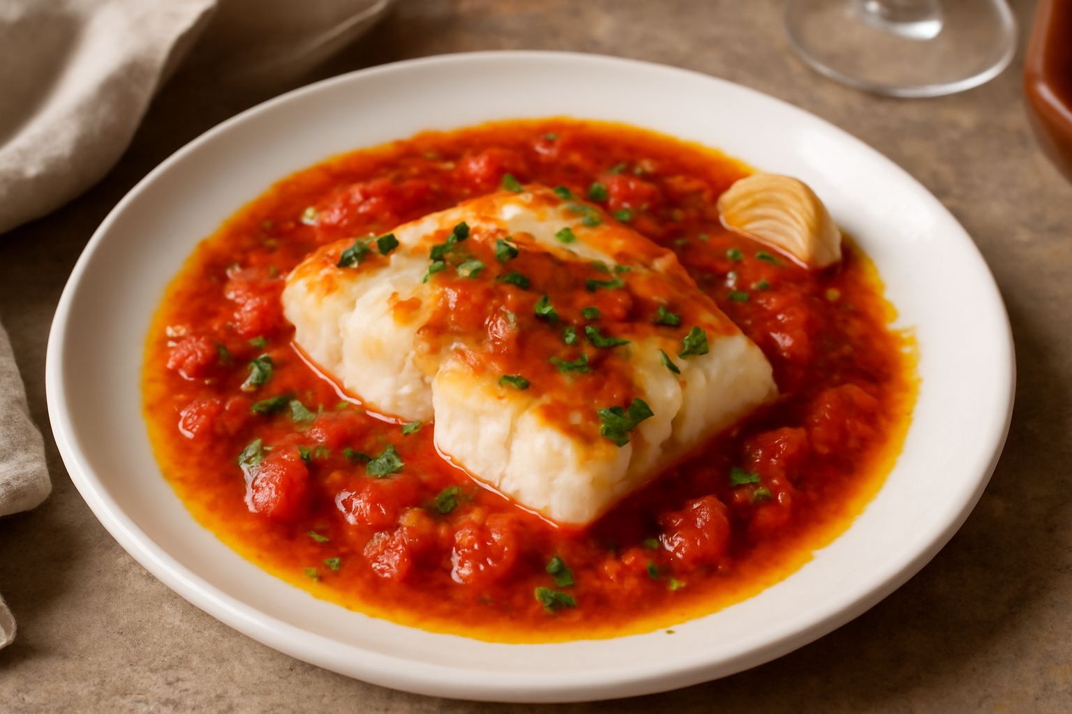 Filetto di pesce bianco adagiato su un letto di pomodori rossi appena cotti con aglio e prezzemolo fresco, in un piatto bianco fondo, con olio che luccica in superficie