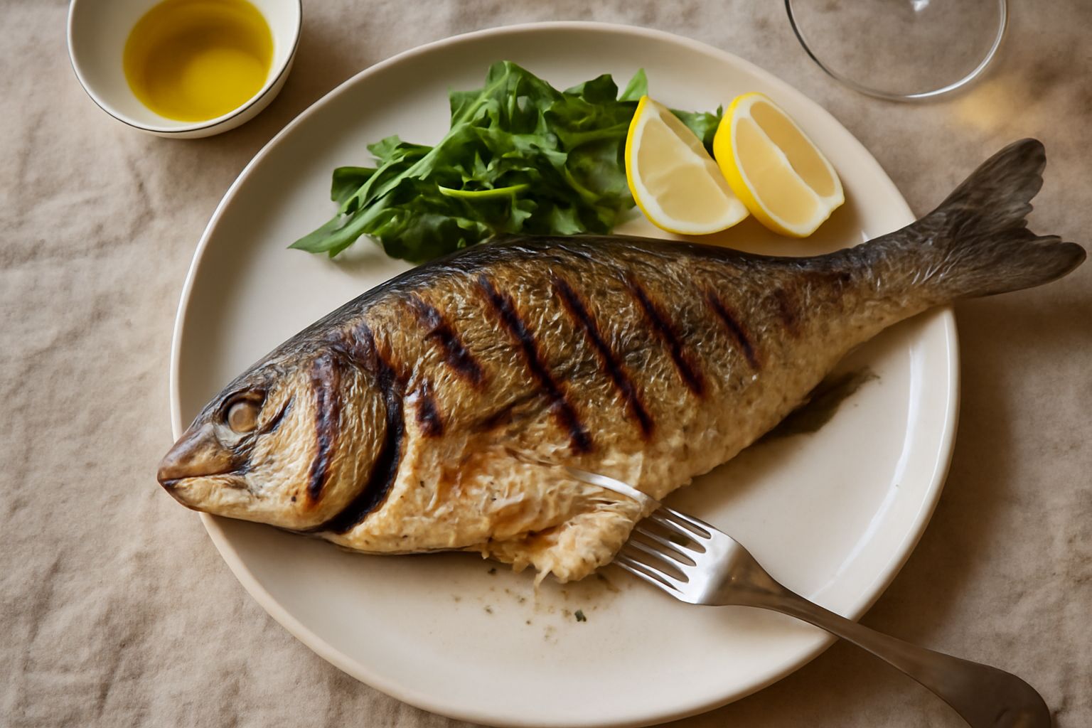 Pesce spigola intero appena cotto sulla brace, con pelle dorata e striature di fuoco, servito su un piatto bianco con limone affettato e prezzemolo fresco