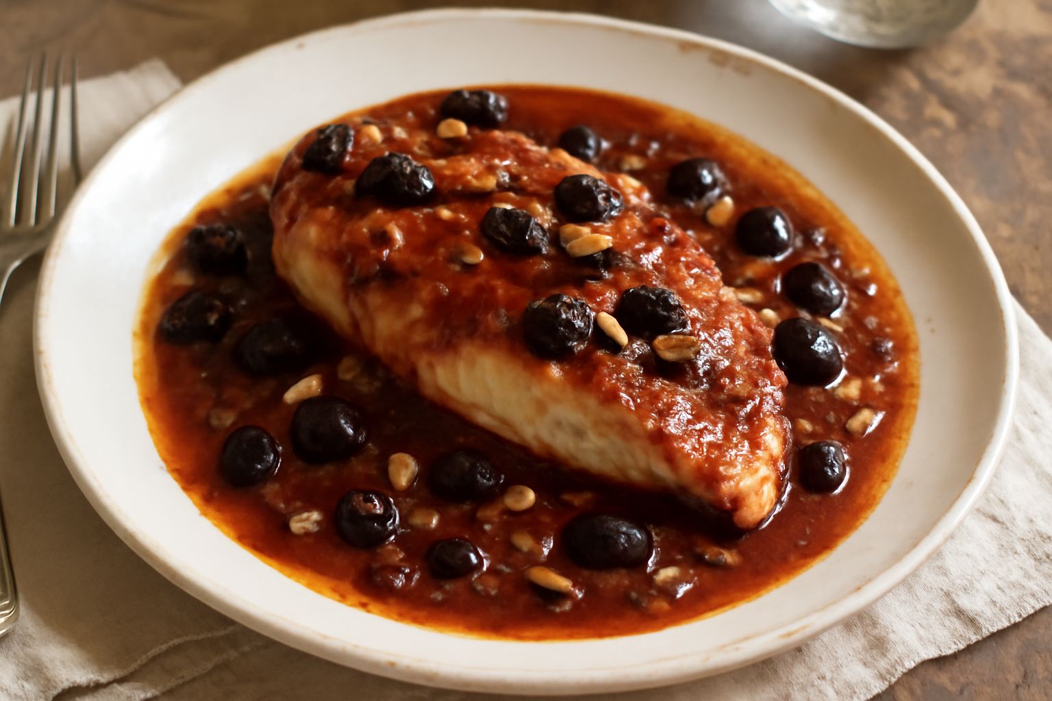 Pesce intero dorato in salsa rosso scura con olive nere, capperi e pinoli sparsi, garnito di prezzemolo fresco, servito in piatto bianco con contorno di salsa