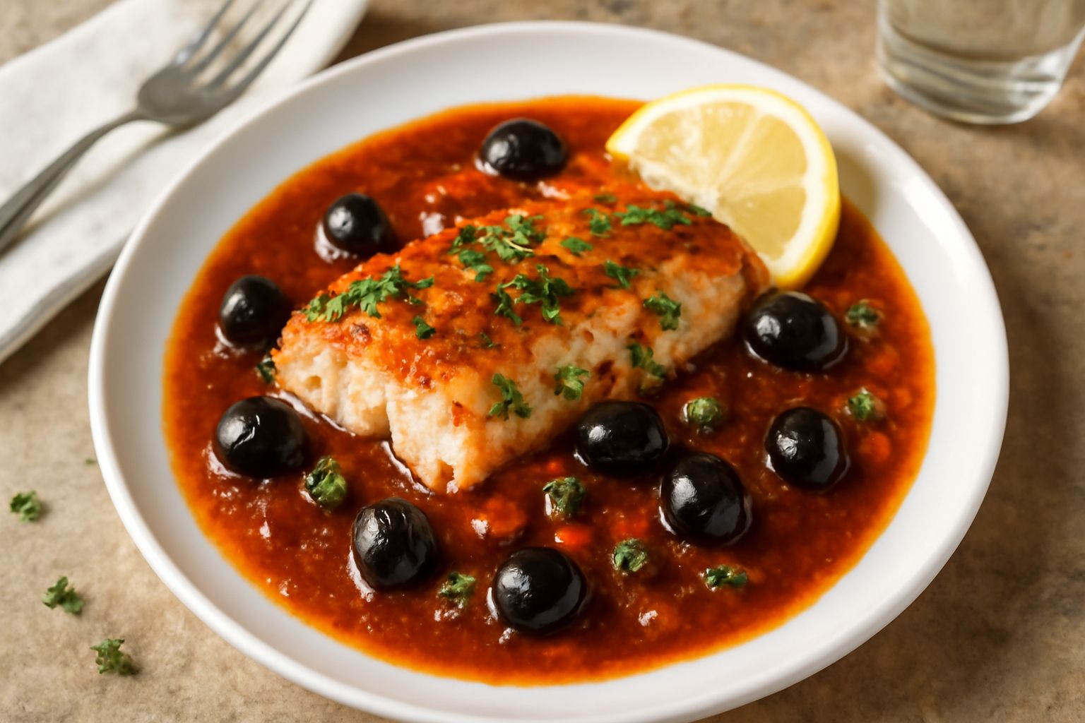 Un filetto di pesce bianco dorato su un piatto bianco, circondato da sugo rosso con olive nere e capperi, guarnito con prezzemolo fresco e fettine di limone, contorno di pomodori rossi sul bordo del p