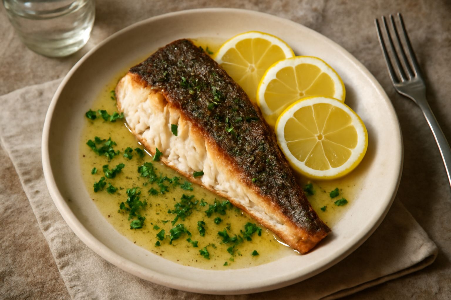 Filetto di pesce dorato in padella con burro schiumante, accompagnato da fette di limone, prezzemolo fresco tritato e contorno di verdure vapore su piatto bianco