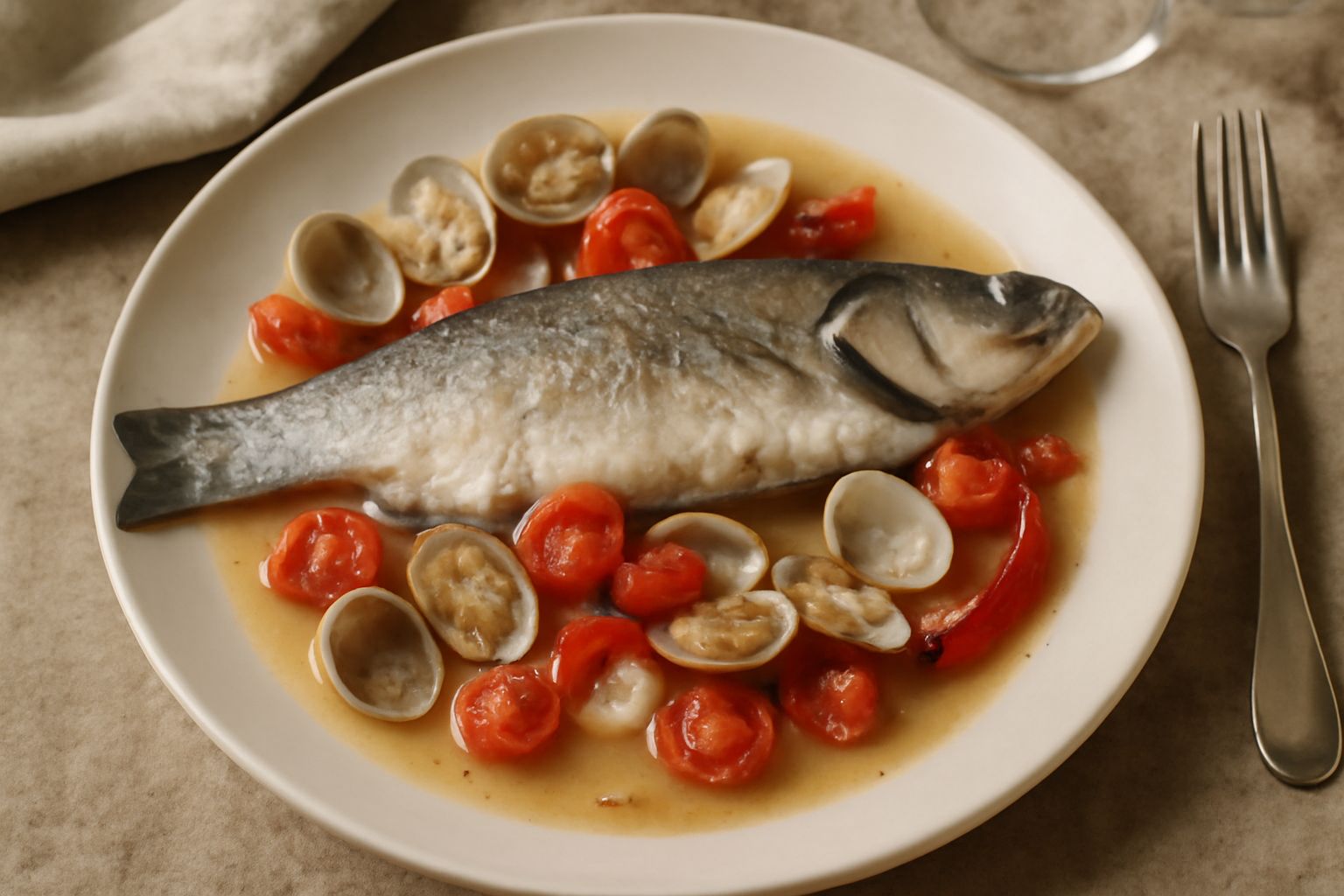 Piatto bianco con branzino intero circondato da vongole aperte, pomodorini rossi, aglio affettato e peperoncino rosso, in un brodo chiaro e profumato, accompagnato da prezzemolo fresco verde.
