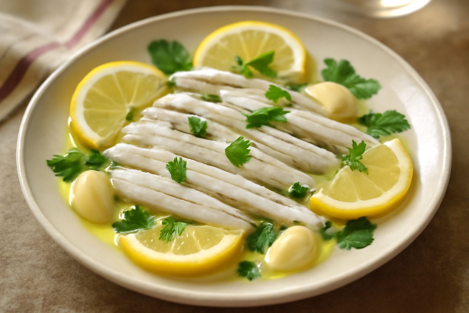 Alici marinate disposte su un piatto bianco, color bianco perla traslucido, con fette di limone giallo, aglio sottile e prezzemolo verde fresco, in una marinatura trasparente con gocce di olio
