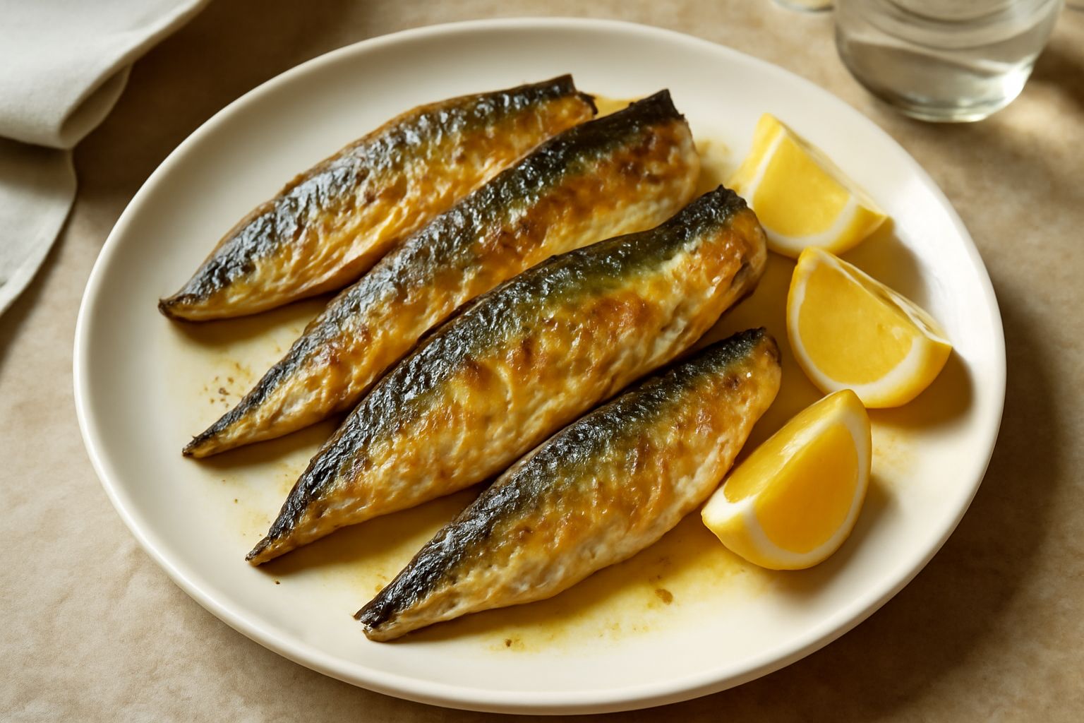 Filetti di pesce azzurro dorati al forno in piatto bianco, contornati da fettine di limone, olive nere e rosmarino fresco, con olio d'oliva che brilla sulla superficie