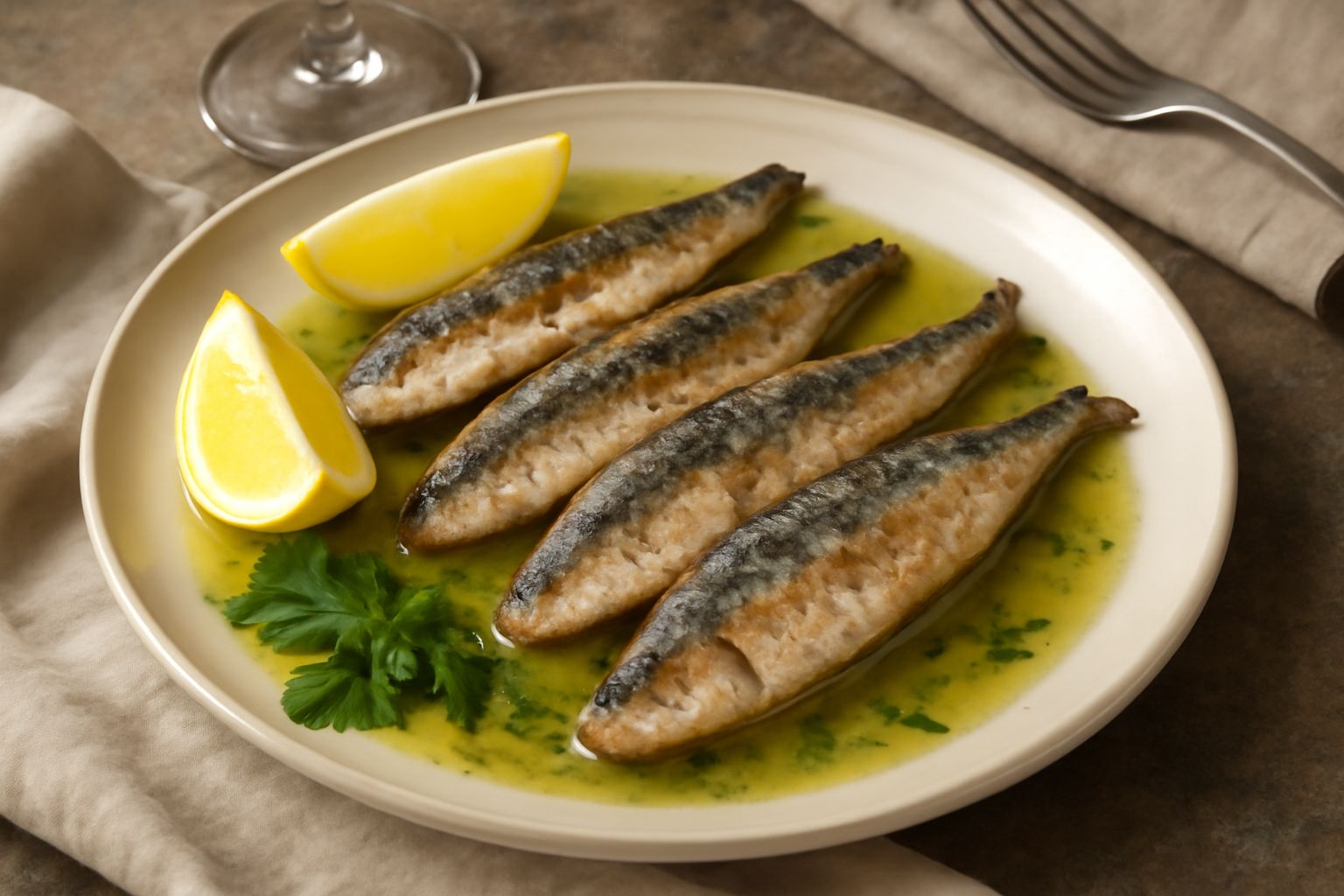 Filetti di pesce azzurro cotti al forno su un piatto bianco, conditi con olio d'oliva, spicchi di limone fresco e prezzemolo verde, contorno di pomodori ciliegia rossi e pane tostato ai lati