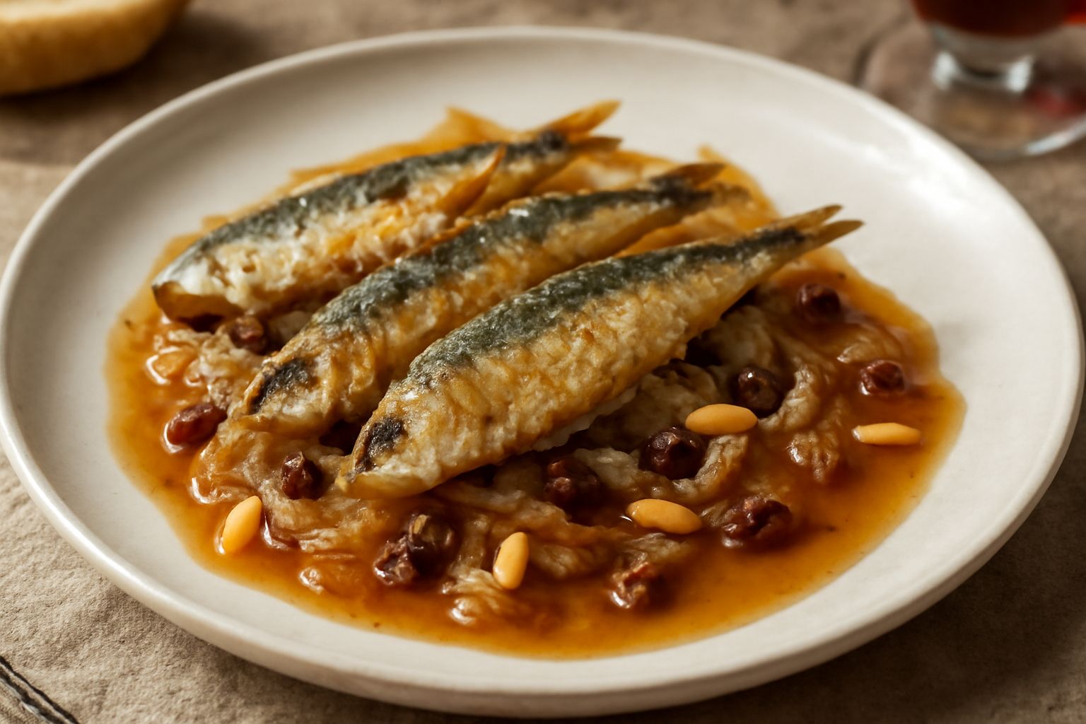 Piatto bianco con sardine dorate coperte da cipolla caramellata trasparente, uvetta scura e pinoli tostati, contorno di cipolla e riduzione agrodolce che luccica