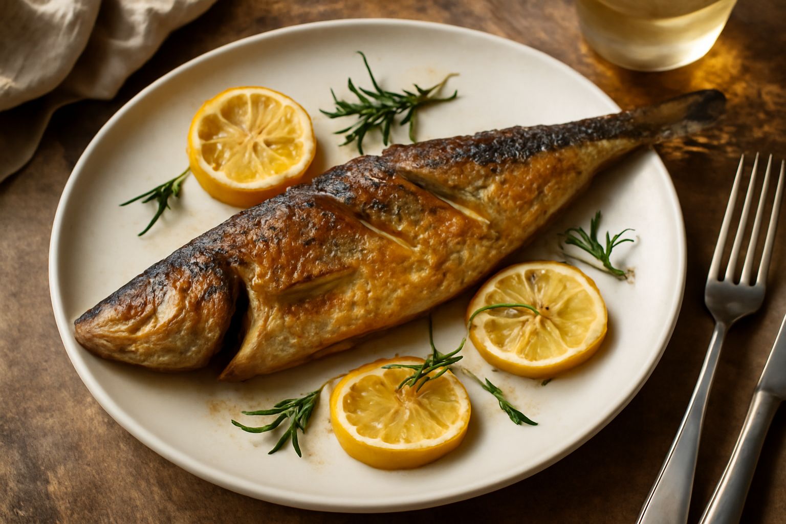 Un piatto bianco con tre filetti di pesce azzurro dorato arrosto, guarniti con fette di limone fresco, erbe di prezzemolo e accompagnati da un filo di olio extravergine di oliva