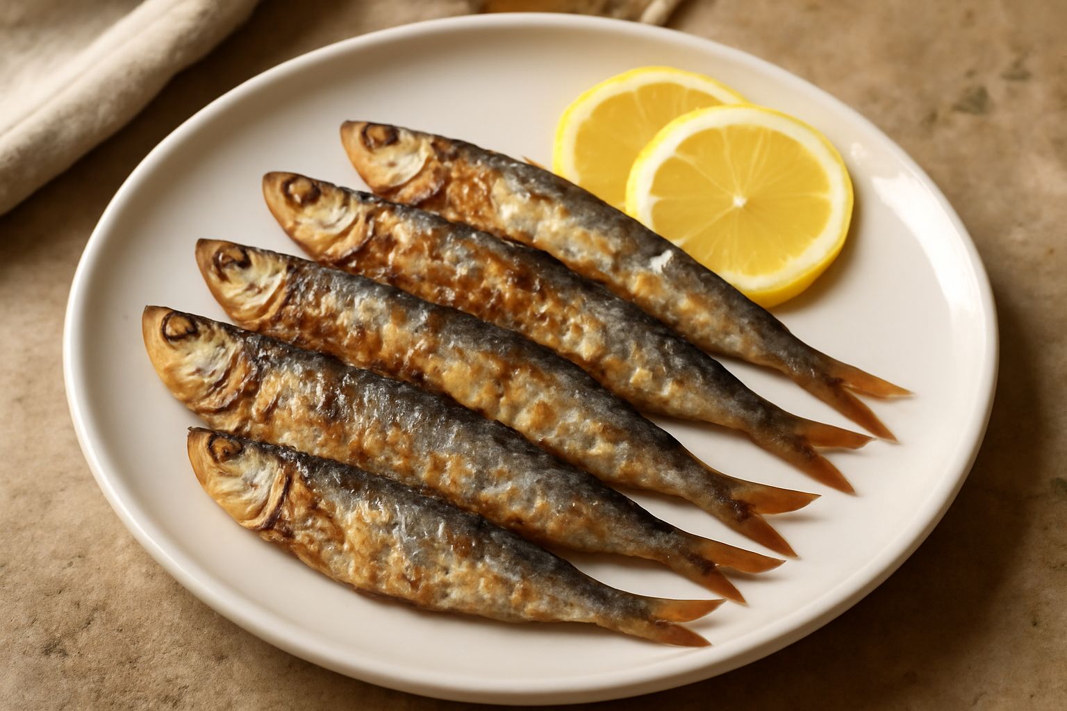 Sardine intere dorate e croccanti su un piatto bianco, contornate da fettine di limone giallo, aglio affettato, prezzemolo fresco verde e un filo di olio dorato