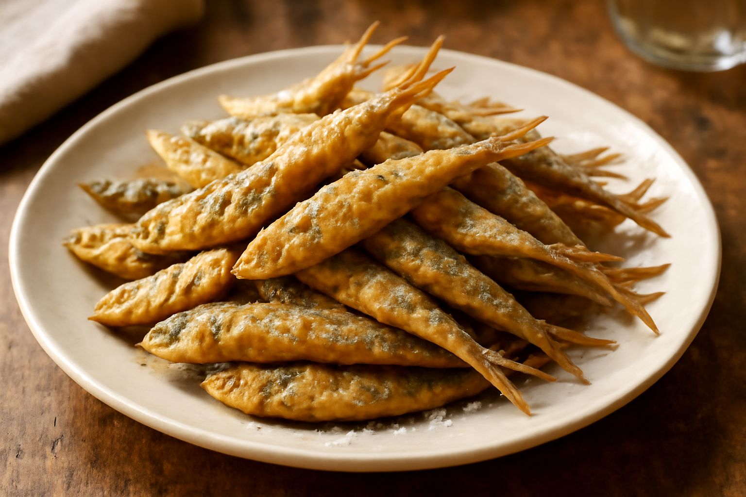 Piatto bianco con pesce azzurro fritto dorato disposto a ventaglio, condito con sale grosso e fette di limone giallo, su sfondo di marmo grigio con olio d'oliva in bottiglia