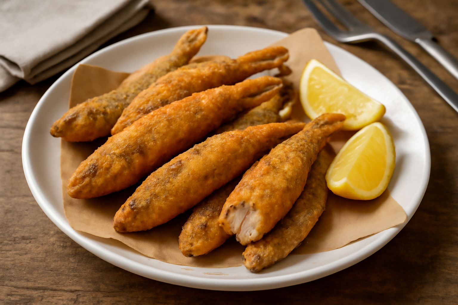 Pesce azzurro fritto disposto su un piatto bianco con carta assorbente bianca, dorato croccante, limone fresco affettato sul bordo, fondo neutro e luce naturale