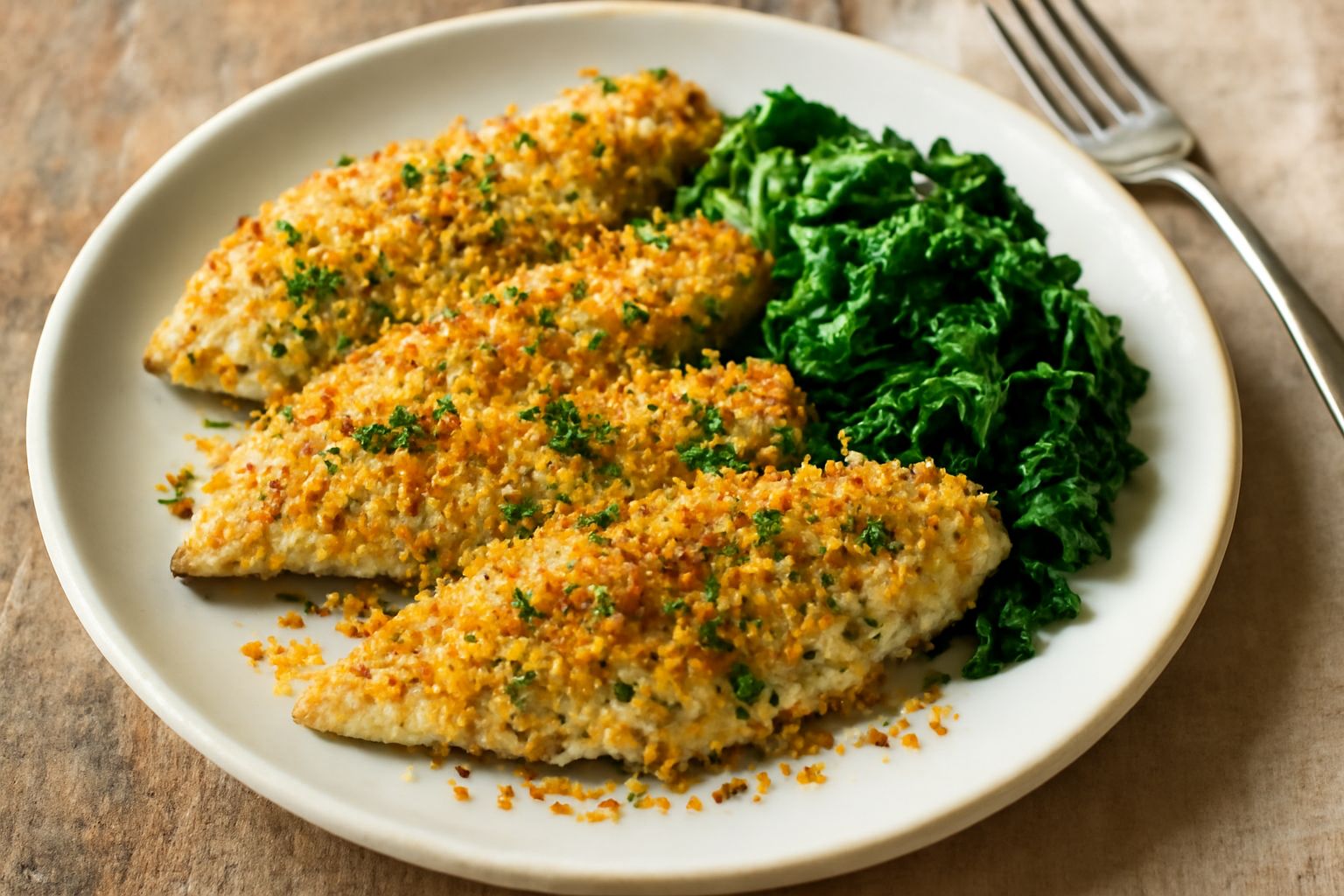 Filetti di pesce azzurro ricoperti di pangrattato dorato e prezzemolo, disposti su un piatto bianco con limone fresco e contorno di rucola