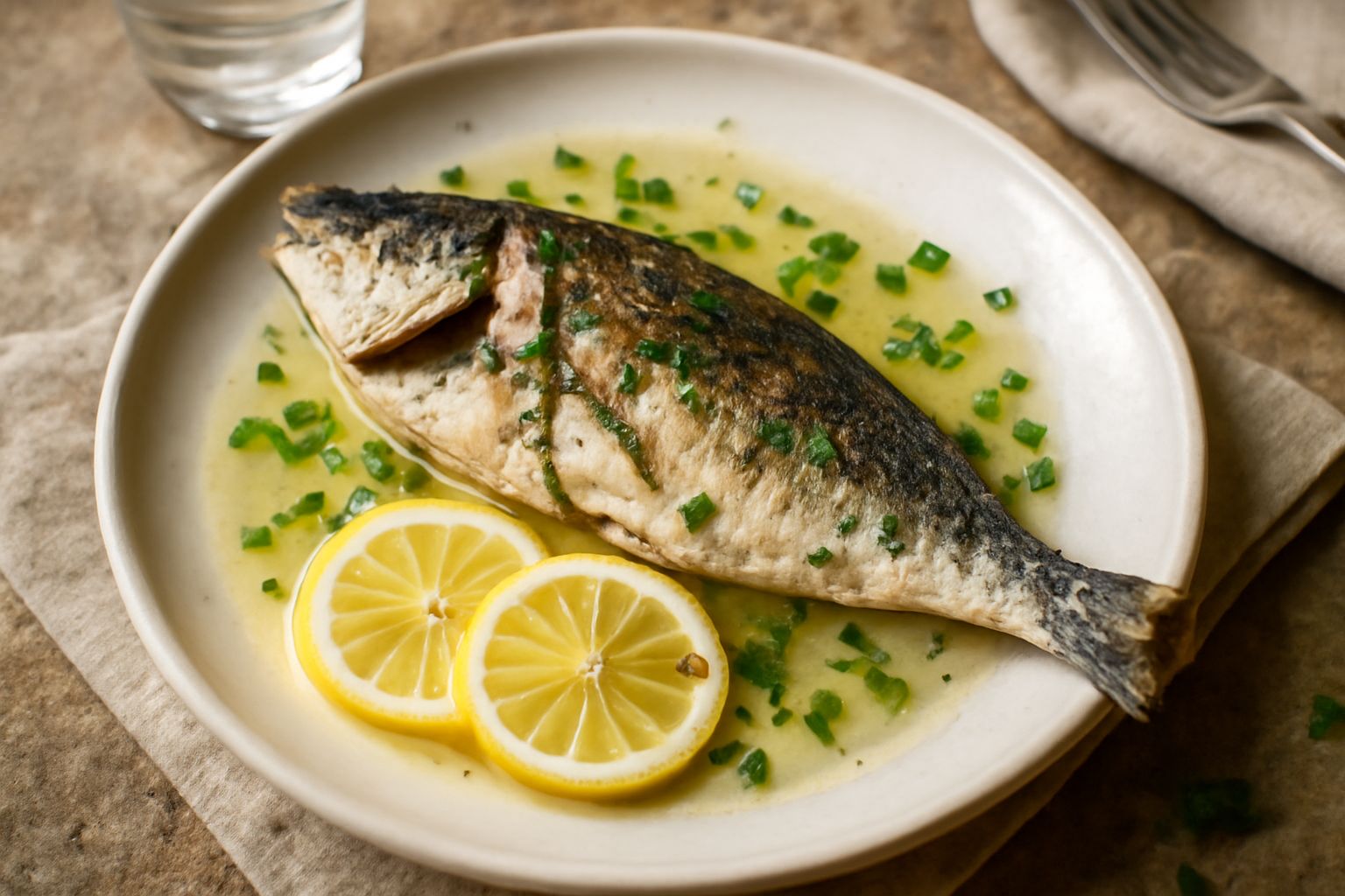 Filetti di pesce azzurro dorato cucinato in padella, guarnito con fettine di limone giallo, prezzemolo verde fresco e gocce di olio di oliva, servito su piatto bianco con contorno di verdure bollite