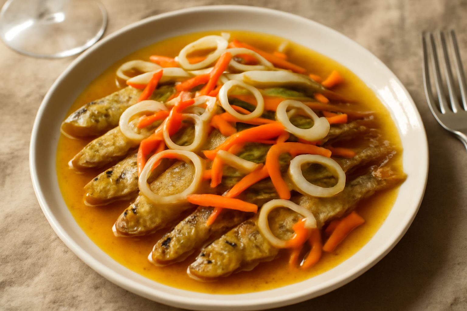 Sardine dorate in carpione in una ciotola bianca, ricoperte di aceto, olio, fette di cipolla, carote e peperoni rossi, con erbe aromatiche sparse in superficie e aceto ancora visibile nel fondo del pi
