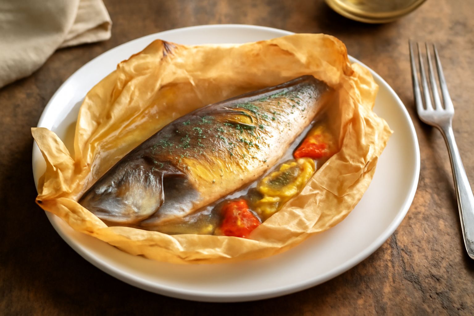 Filetto di sardina dorata cotta in carta biancastra, guarnito con fettine di limone giallo, erbe aromatiche verdi e gocce d'olio, servito su piatto bianco