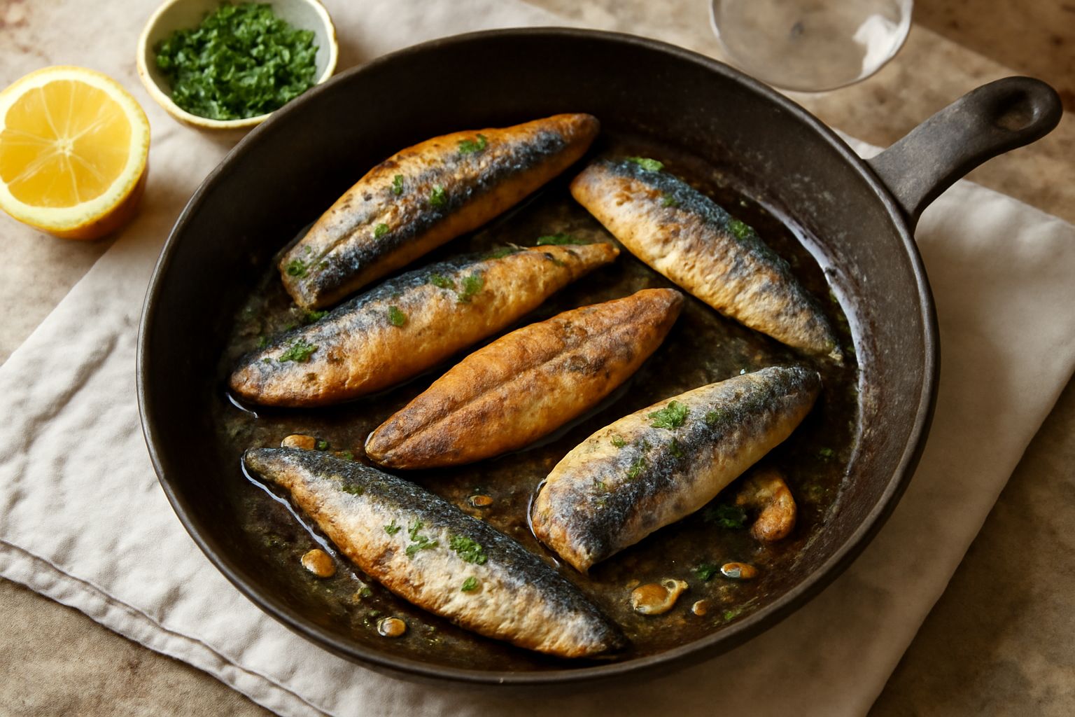 Filetti di pesce azzurro dorati in padella antiaderente con spicchi di limone, prezzemolo fresco e gocce d'olio d'oliva, vapore leggero in risalita