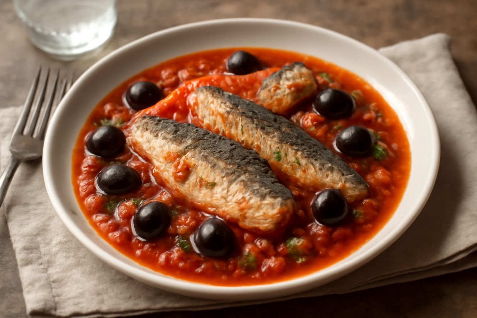 Piatto di pesce azzurro in umido: filetti di sardine grigio-argentei in salsa di pomodoro con olive nere, pezzi di sedano e carota, guarniti con prezzemolo fresco, in ciotola di porcellana bianca su s