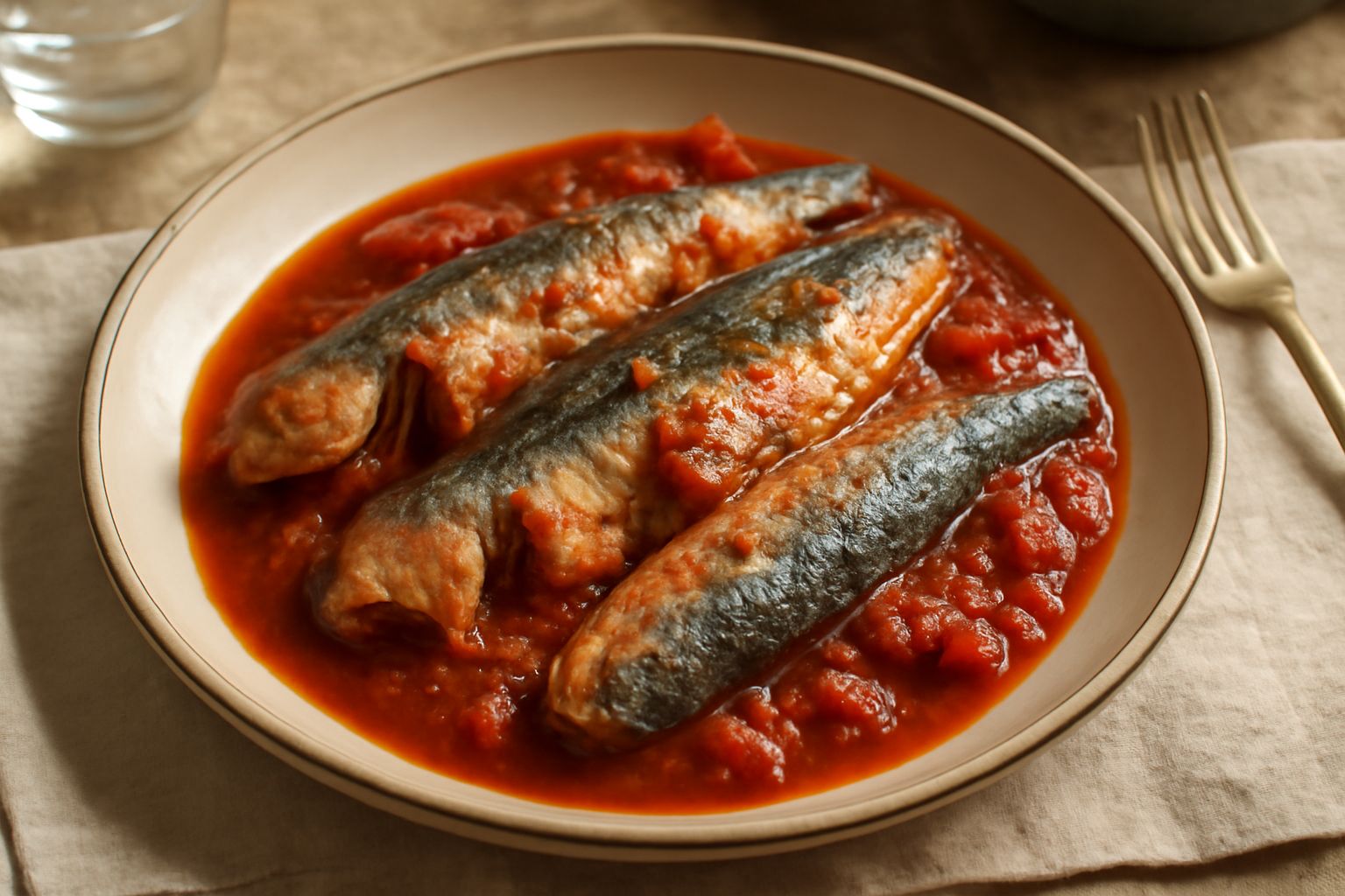 Tegame di pesce azzurro in umido con pomodoro rosso vivo, filetti di pesce bianco argenteo affogati in salsa di pomodoro denso, contorni di erbe fresche e olio di oliva lucido sulla superficie