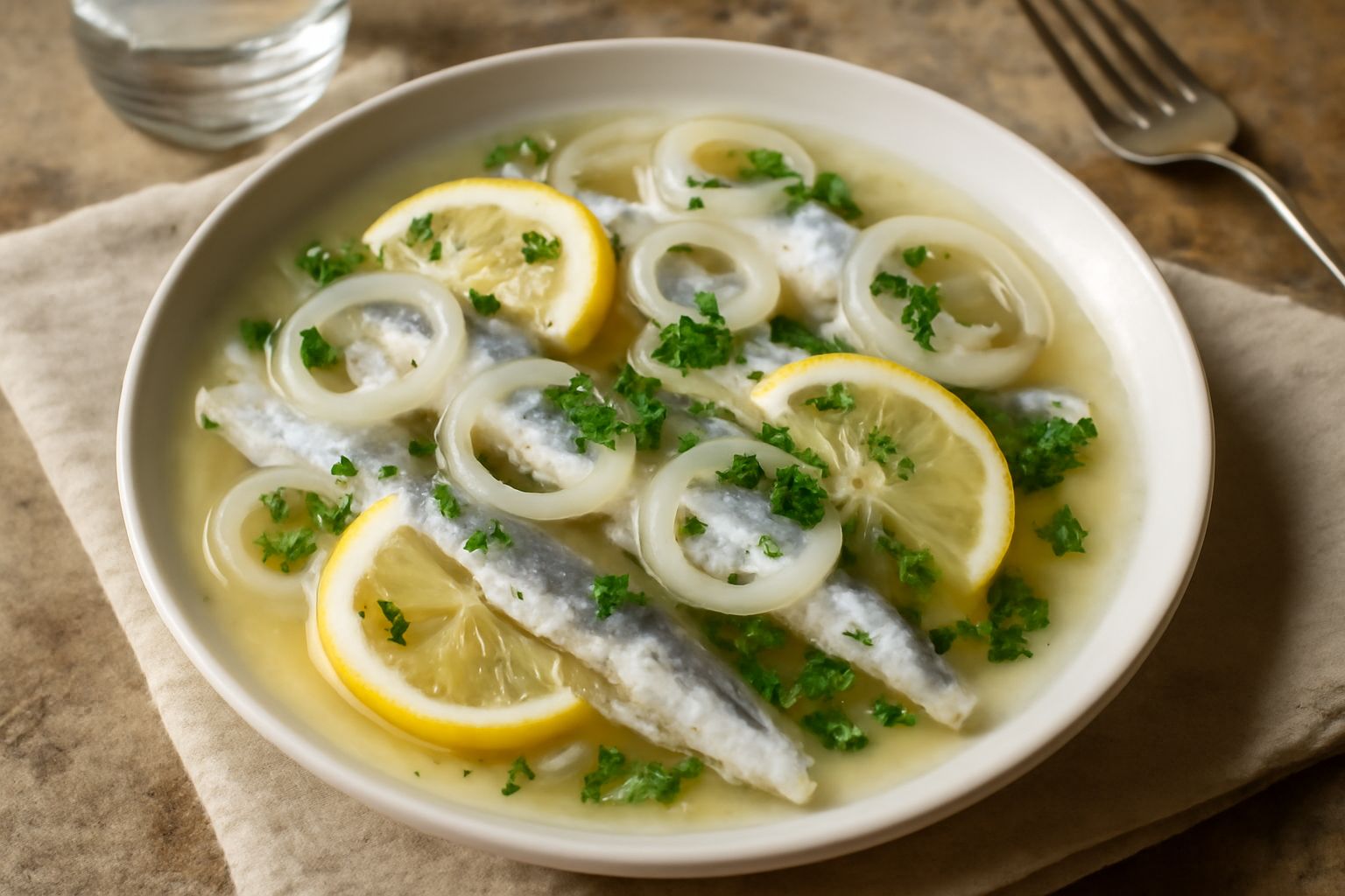 Pesce azzurro marinato in bianco di acete e limone, servito in un piatto bianco con fettine di limone, prezzemolo fresco e peperone rosso tagliato sottile