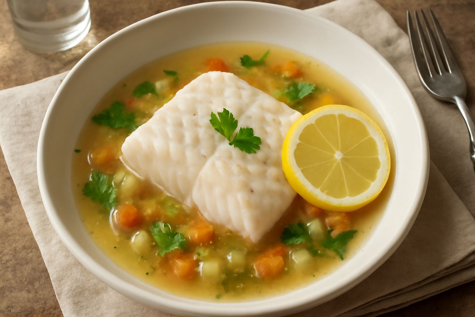 Filetto di pesce bianco cotto in un piatto bianco, circondato da brodo trasparente, con rodelle di limone, prezzemolo fresco e una ciotola di salsa al limone accanto