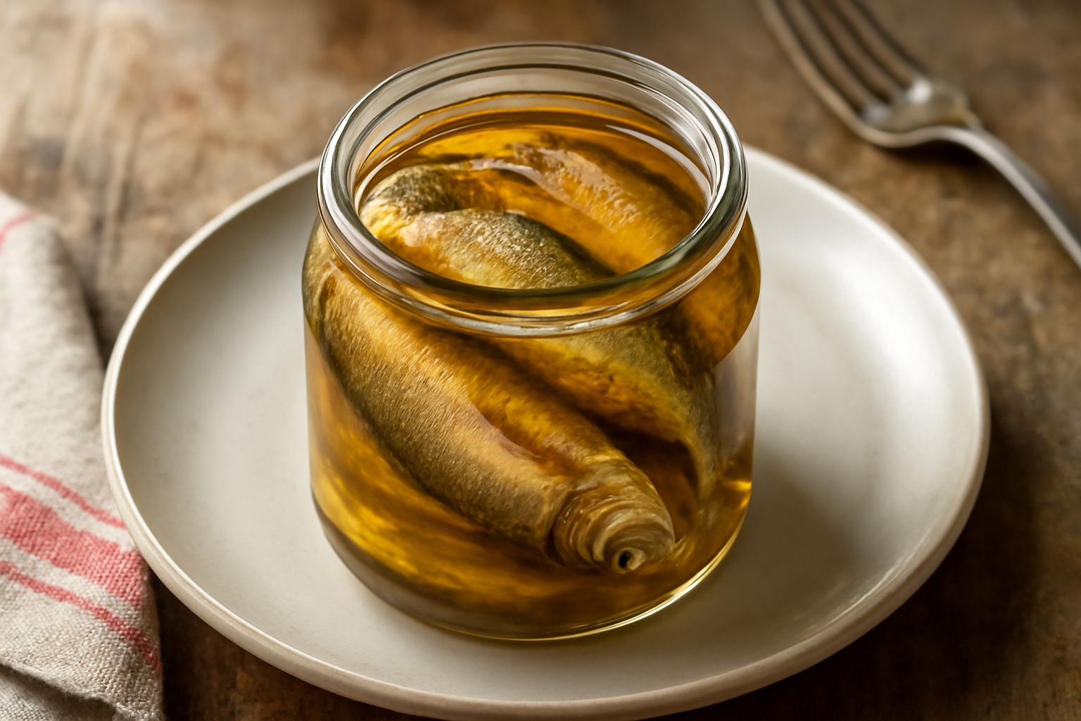 Vasetto di vetro con pesce bianco intero conservato in salamoia trasparente, visibili grani di sale e spine, erbe aromatiche sullo sfondo, tono di luce naturale